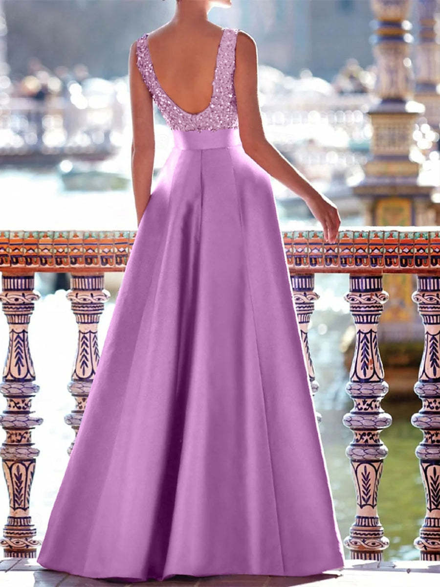 Sleeveless V-Neck A-Line Prom Dress with Pockets in Floor-Length Satin and Pearls