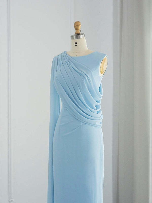 Sleeveless Cowl Neck Chiffon Prom Dress with Feather Ruched Slit and Sheath/Column Sweep/Brush Train