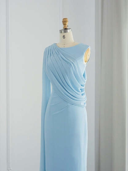 Sleeveless Cowl Neck Chiffon Prom Dress with Feather Ruched Slit and Sheath/Column Sweep/Brush Train
