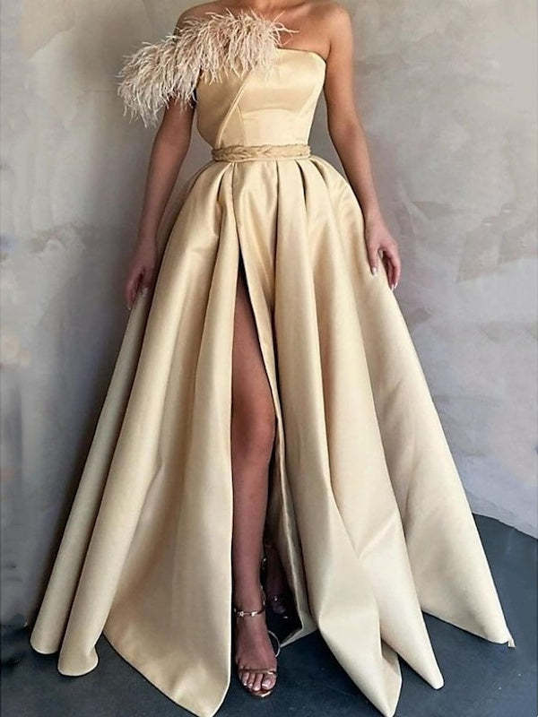 Sleeveless One-Shoulder Satin Prom Dress with Feather Slit A-Line Floor Length