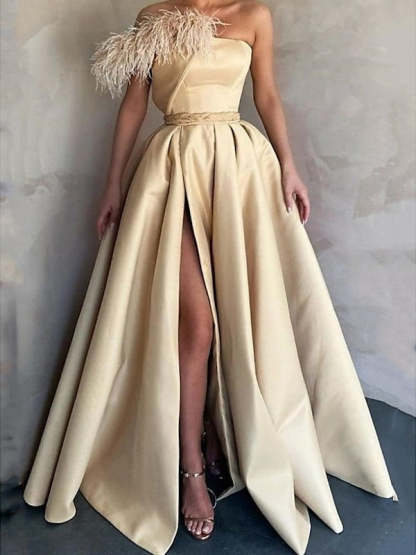 Sleeveless One-Shoulder Satin Prom Dress with Feather Slit A-Line Floor Length