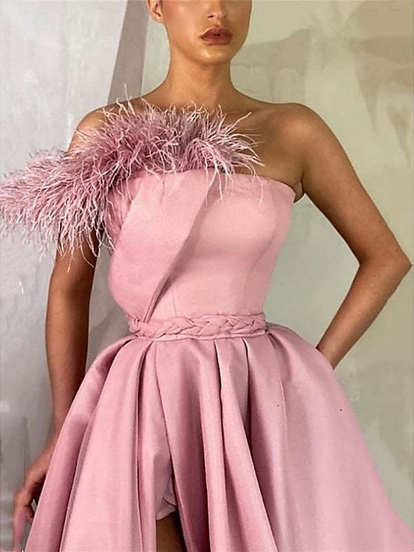 Sleeveless One-Shoulder Satin Prom Dress with Feather Slit A-Line Floor Length
