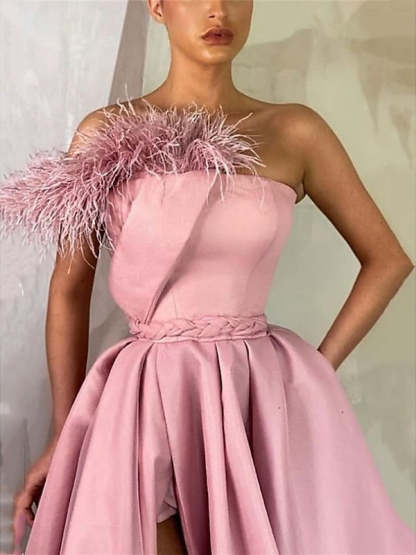 Sleeveless One-Shoulder Satin Prom Dress with Feather Slit A-Line Floor Length