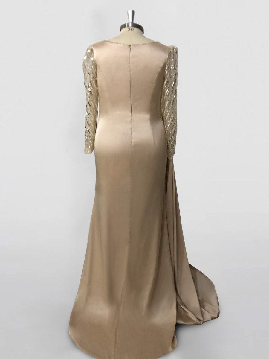 Long Sleeve Satin Prom Dress with Mermaid Train Jewel Neck and Ruched Slit