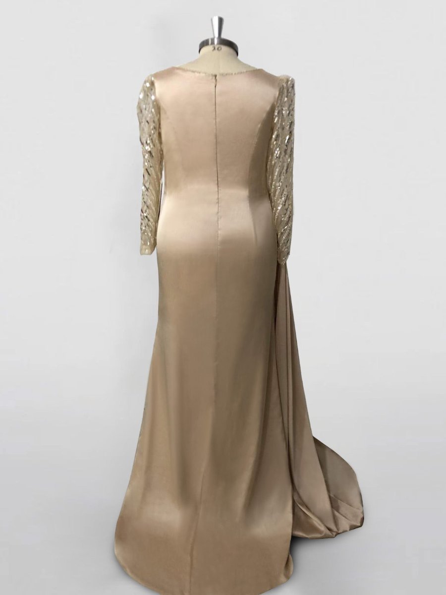Long Sleeve Satin Prom Dress with Mermaid Train Jewel Neck and Ruched Slit