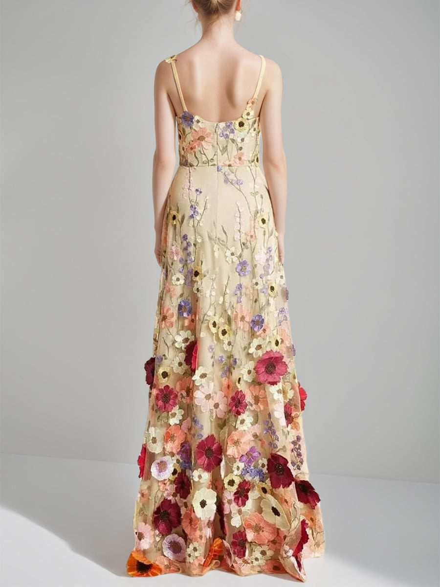 Princess A-Line Floor-Length Stylish Evening Dresses with Printed Flower Spaghetti Straps and Sleeveless