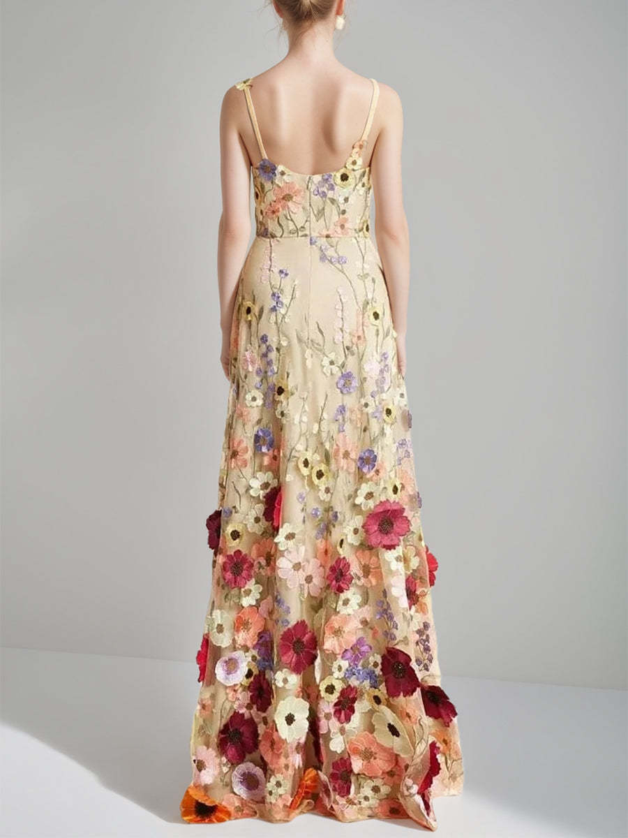 Princess A-Line Floor-Length Stylish Evening Dresses with Printed Flower Spaghetti Straps and Sleeveless
