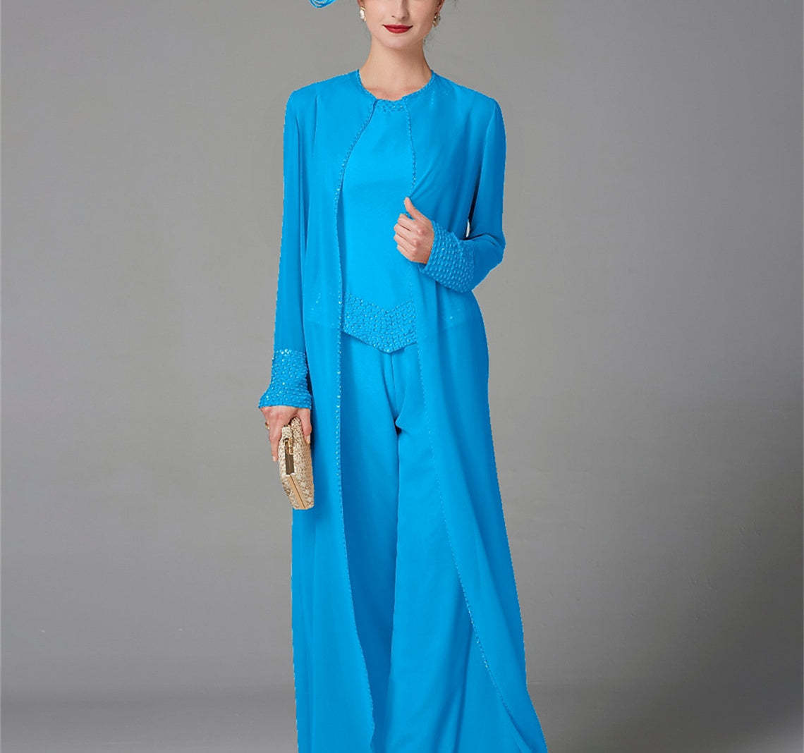 Long-Sleeve Chiffon Mother of the Bride Pantsuit with Jacket and Sequins