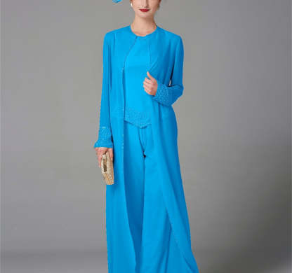 Long-Sleeve Chiffon Mother of the Bride Pantsuit with Jacket and Sequins