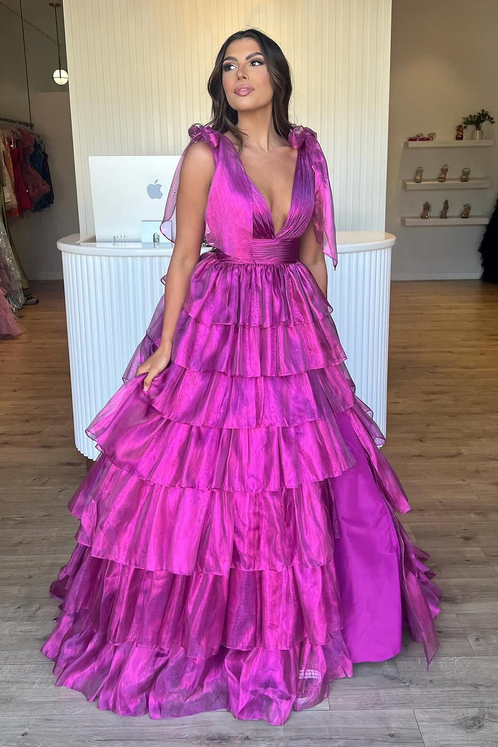 Pink Ruffled Prom Dress with Deep V Neckline in A-Line Style