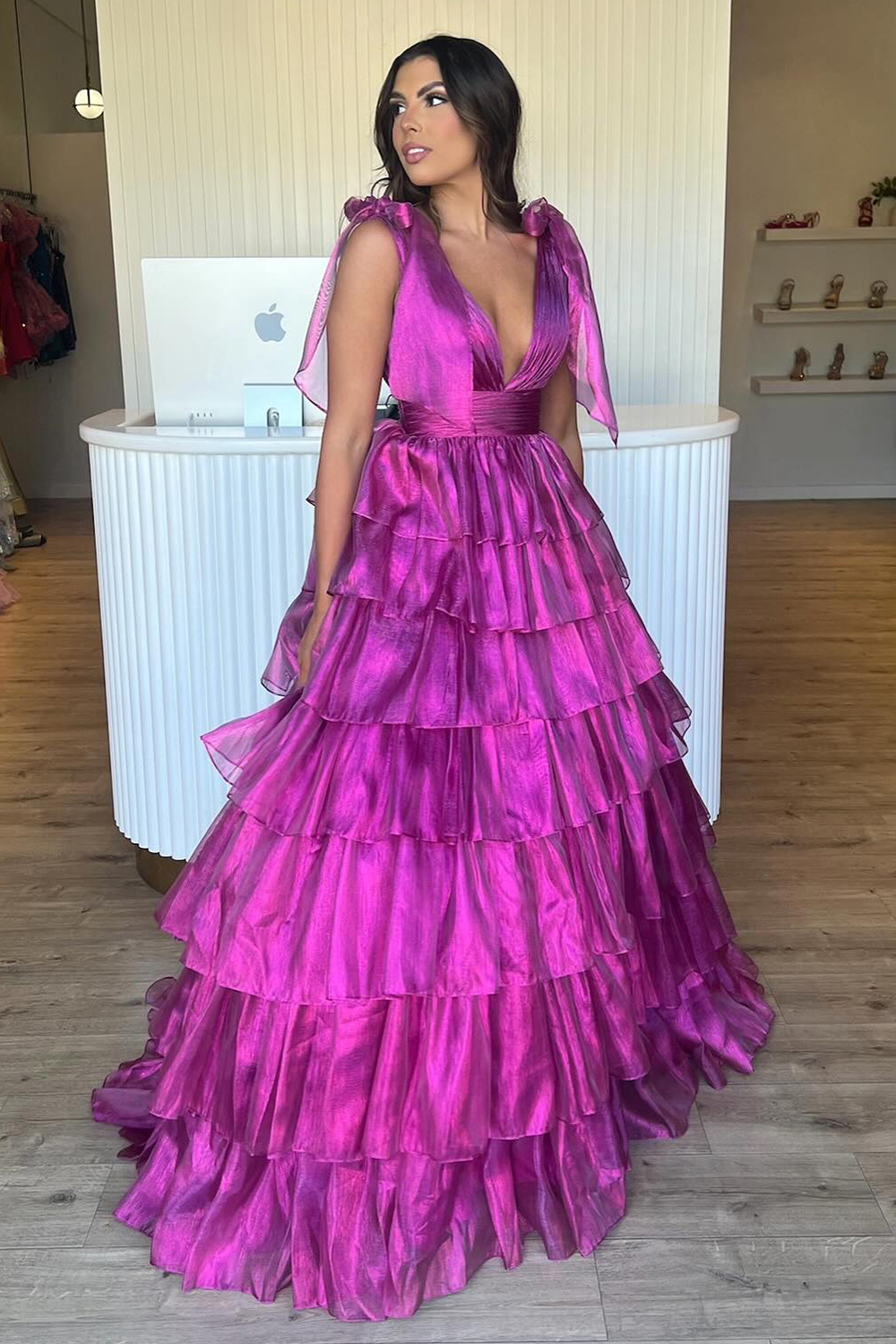 Pink Ruffled Prom Dress with Deep V Neckline in A-Line Style