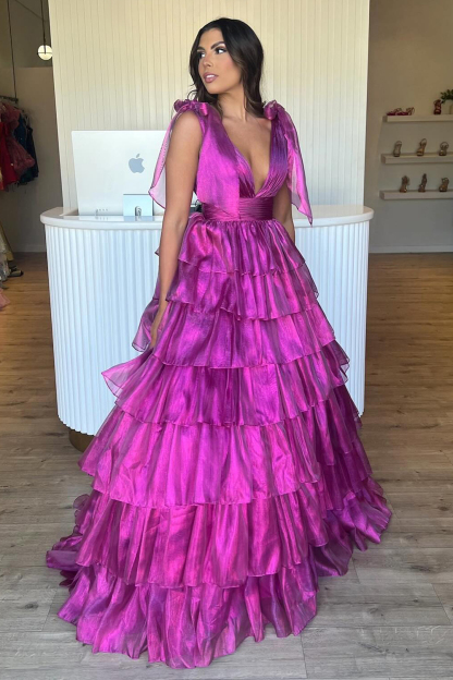 Pink Ruffled Prom Dress with Deep V Neckline in A-Line Style