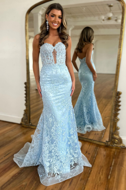 Long Corset Prom Dress with Appliques in Sweetheart Mermaid Style and Lilac