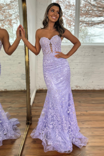 Long Corset Prom Dress with Appliques in Sweetheart Mermaid Style and Lilac