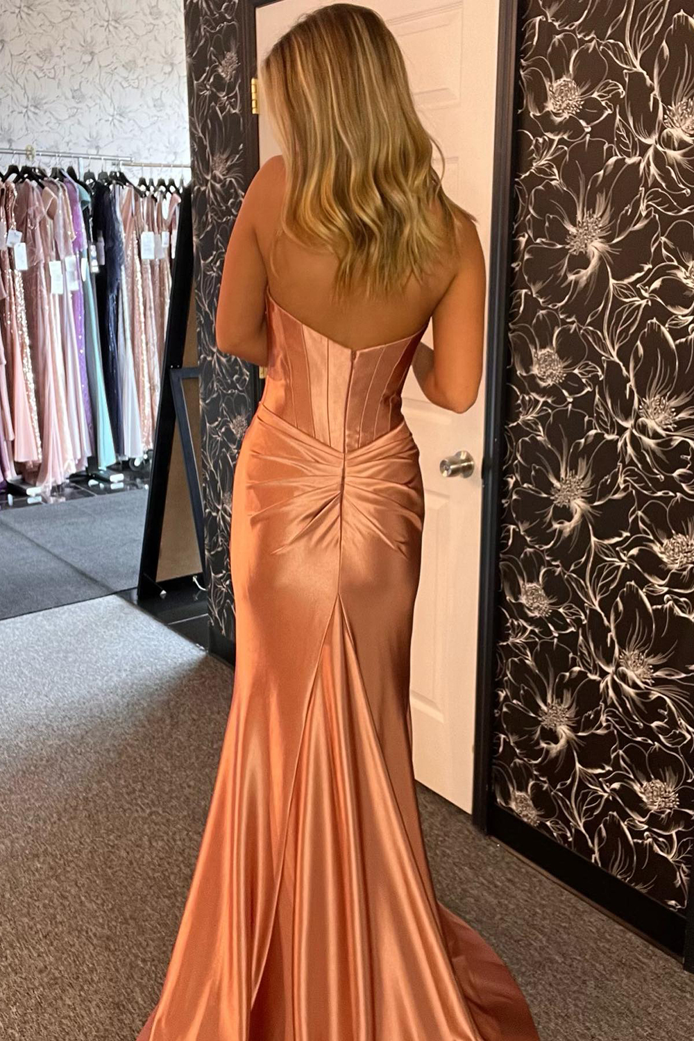 Long Satin Mermaid Prom Dress in Golden Sweetheart with Front Split