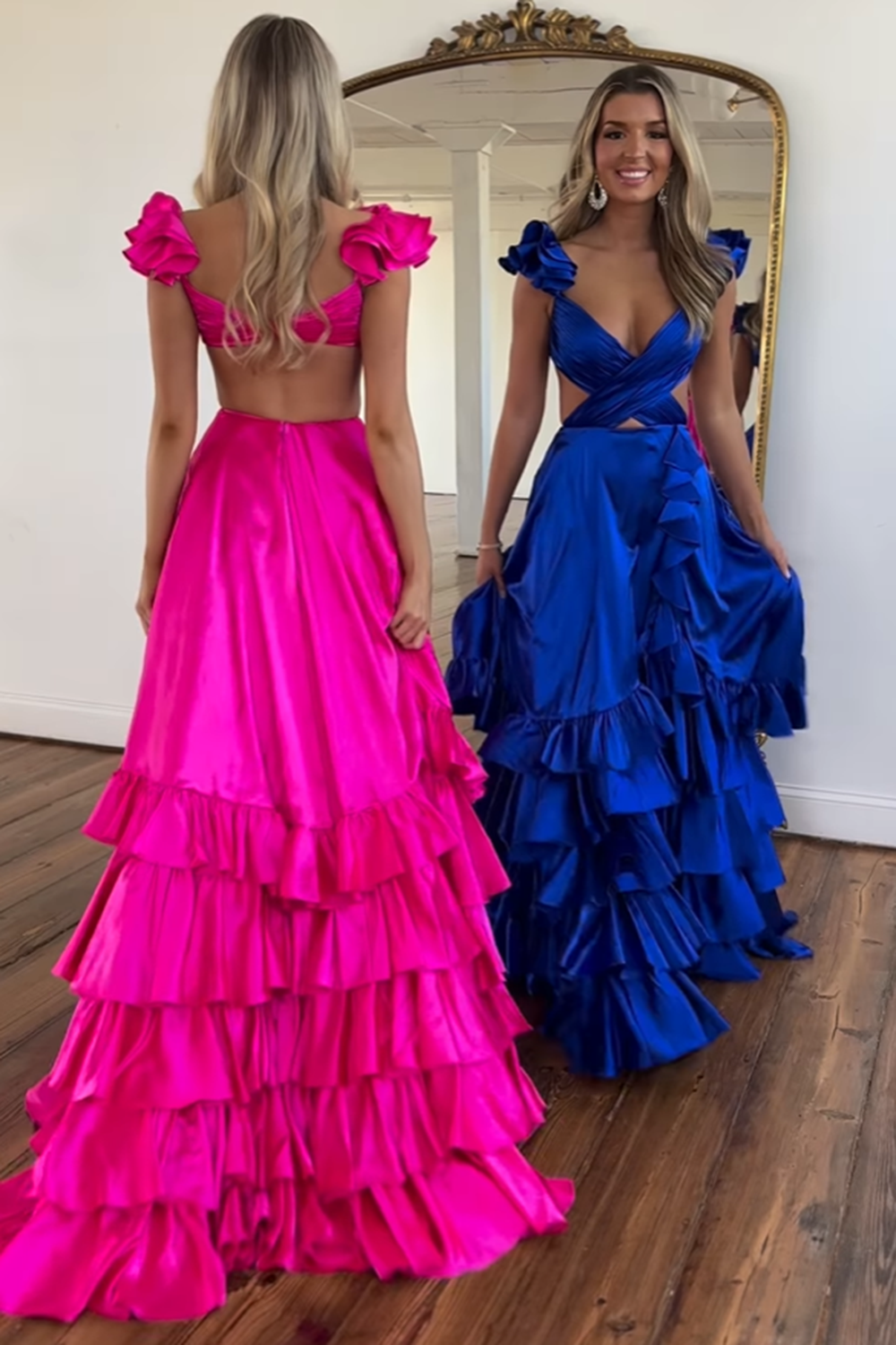 Long Red Prom Dress with V-Neck A-Line Cut Satin Fabric and Tiered Ruffles