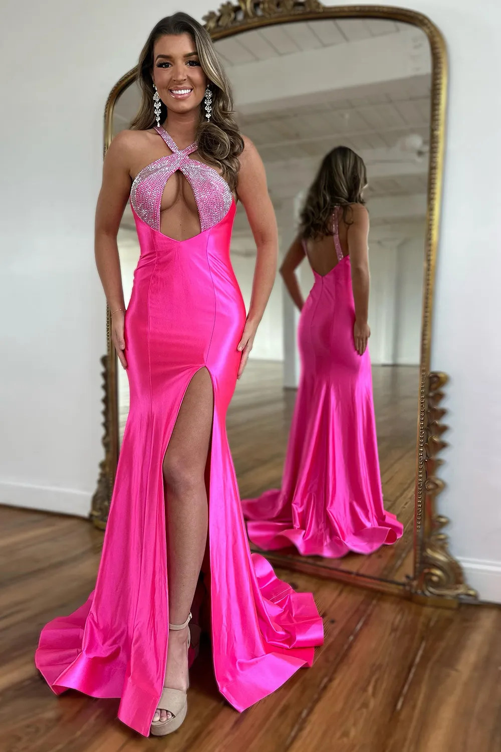 Mermaid Corset Prom Dress with Silver Beading and Halter Neck in Satin