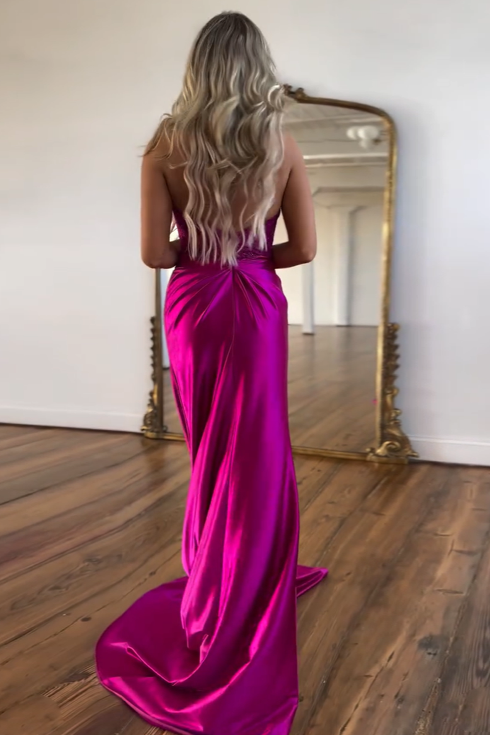 Long Satin Prom Dress in Fuchsia with V-Neck Corset Applique and Slit