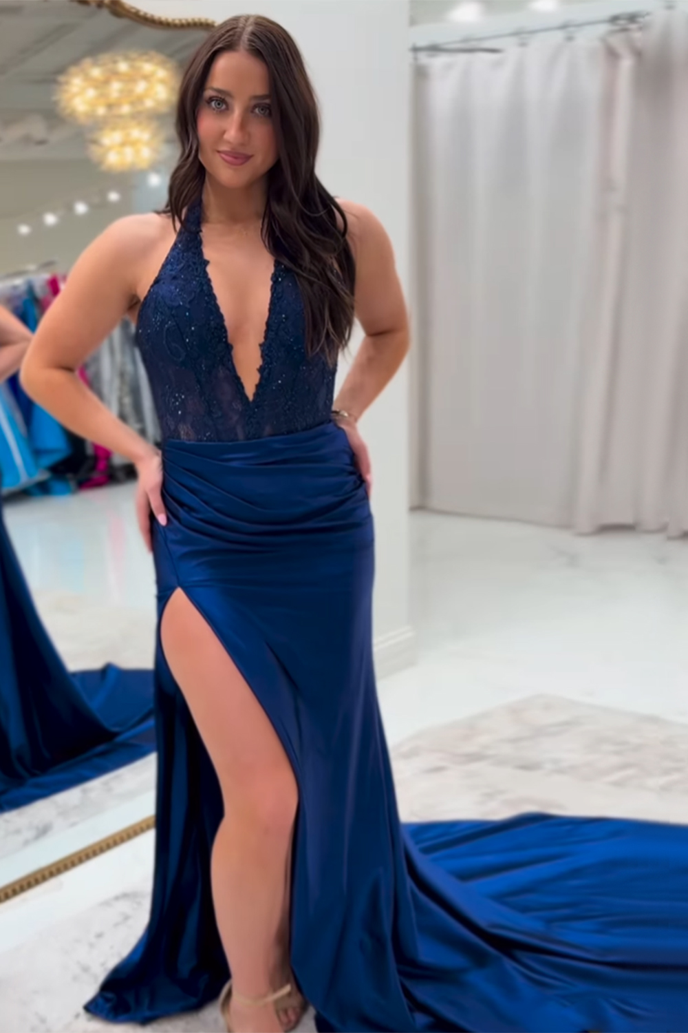 Long Satin Prom Dress in Fuchsia with V-Neck Corset Applique and Slit