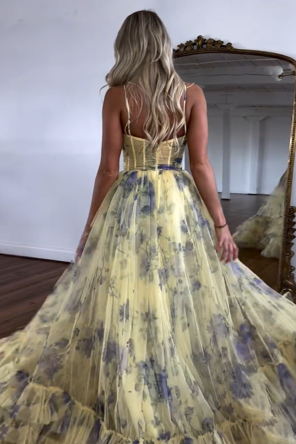 A-Line Long Prom Dress with Yellow Floral Print and Tiered Tulle in Halter Neck