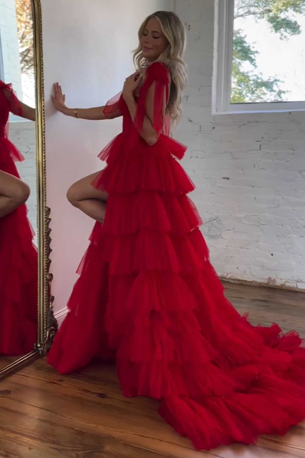 Long A-Line Prom Dress in Red with Adjustable Straps Tiered Tulle and Slit