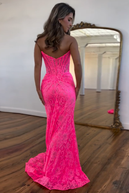 Long Black Mermaid Corset Prom Dress in Strapless Lace with Slit