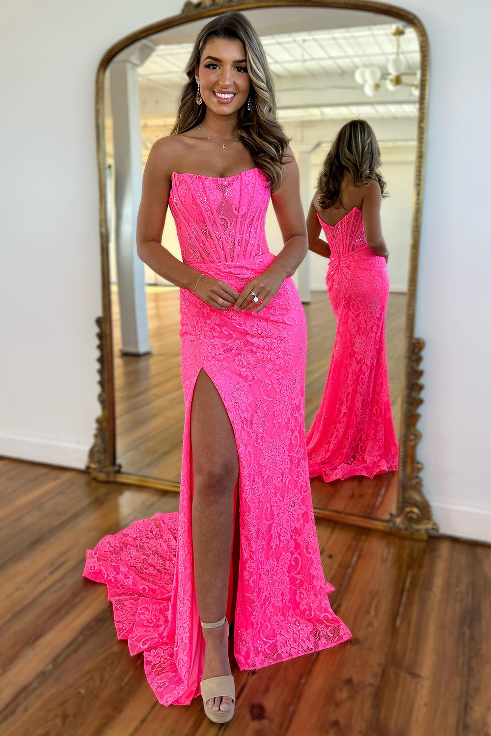 Long Black Mermaid Corset Prom Dress in Strapless Lace with Slit