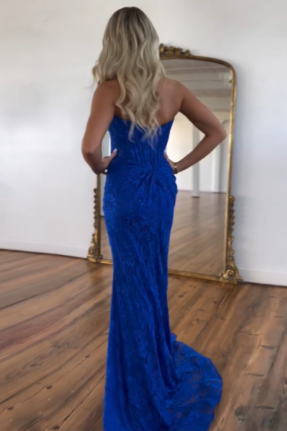 Long Black Mermaid Corset Prom Dress in Strapless Lace with Slit