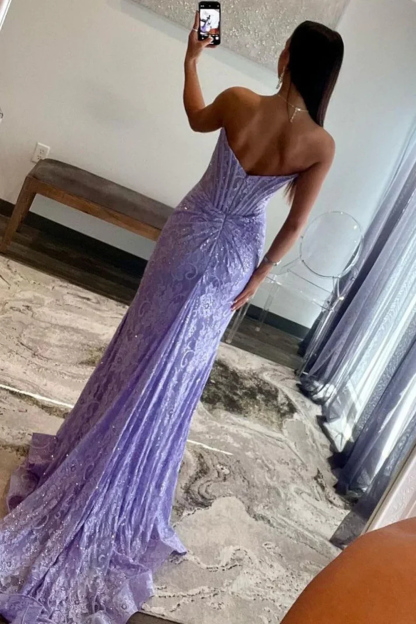 Long Black Mermaid Corset Prom Dress in Strapless Lace with Slit