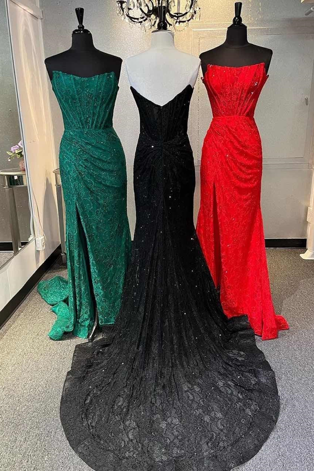 Long Black Mermaid Corset Prom Dress in Strapless Lace with Slit