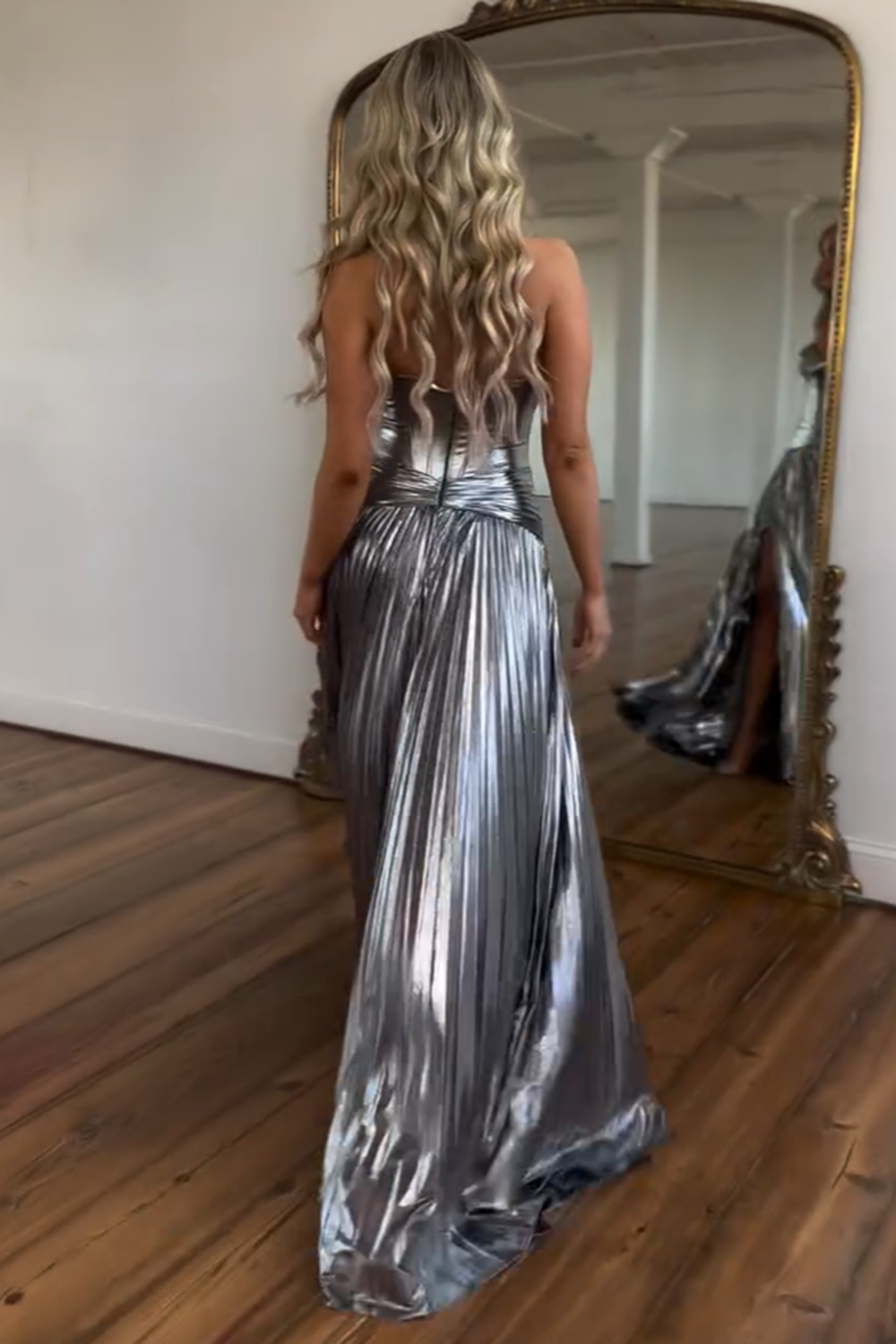 Metallic Golden Sweetheart Long A-Line Corset Prom Dress with Pleats and Slit