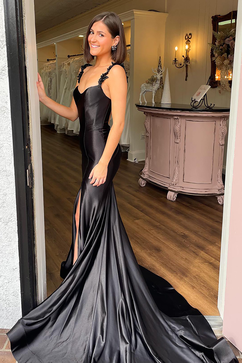 Long Backless Red Mermaid Prom Dress in Satin with Spaghetti Straps and Slit