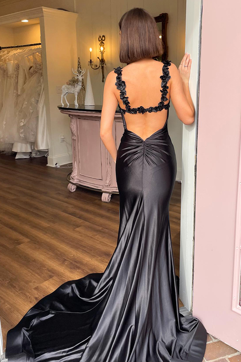 Long Backless Red Mermaid Prom Dress in Satin with Spaghetti Straps and Slit