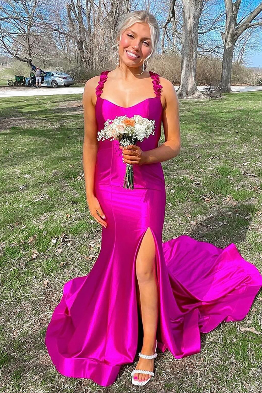 Long Backless Red Mermaid Prom Dress in Satin with Spaghetti Straps and Slit