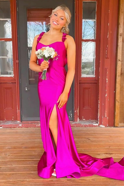 Long Backless Red Mermaid Prom Dress in Satin with Spaghetti Straps and Slit