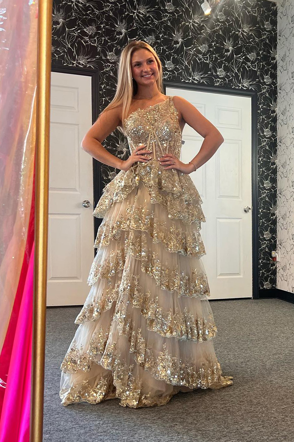Gold Sequin One-Shoulder Long Corset Prom Dress with Sparkly Tulle Tiered A-Line and Slit