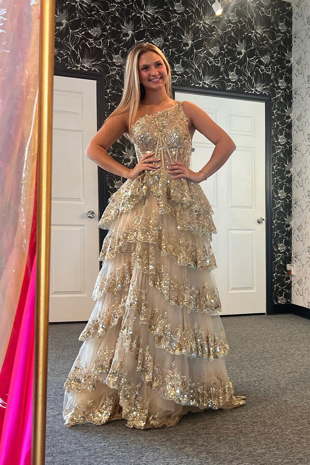 Gold Sequin One-Shoulder Long Corset Prom Dress with Sparkly Tulle Tiered A-Line and Slit