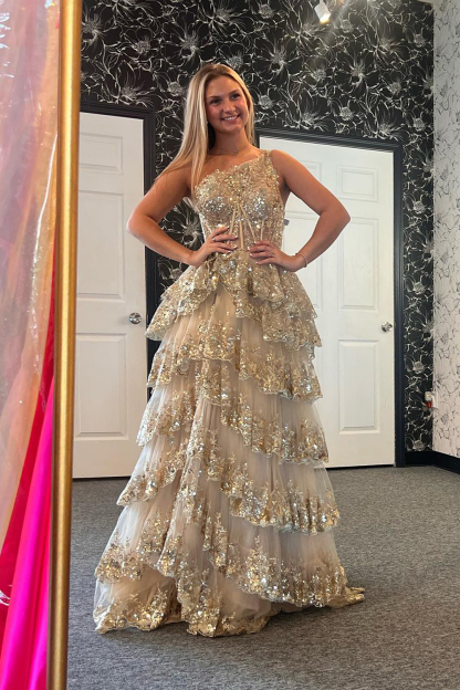 Gold Sequin One-Shoulder Long Corset Prom Dress with Sparkly Tulle Tiered A-Line and Slit
