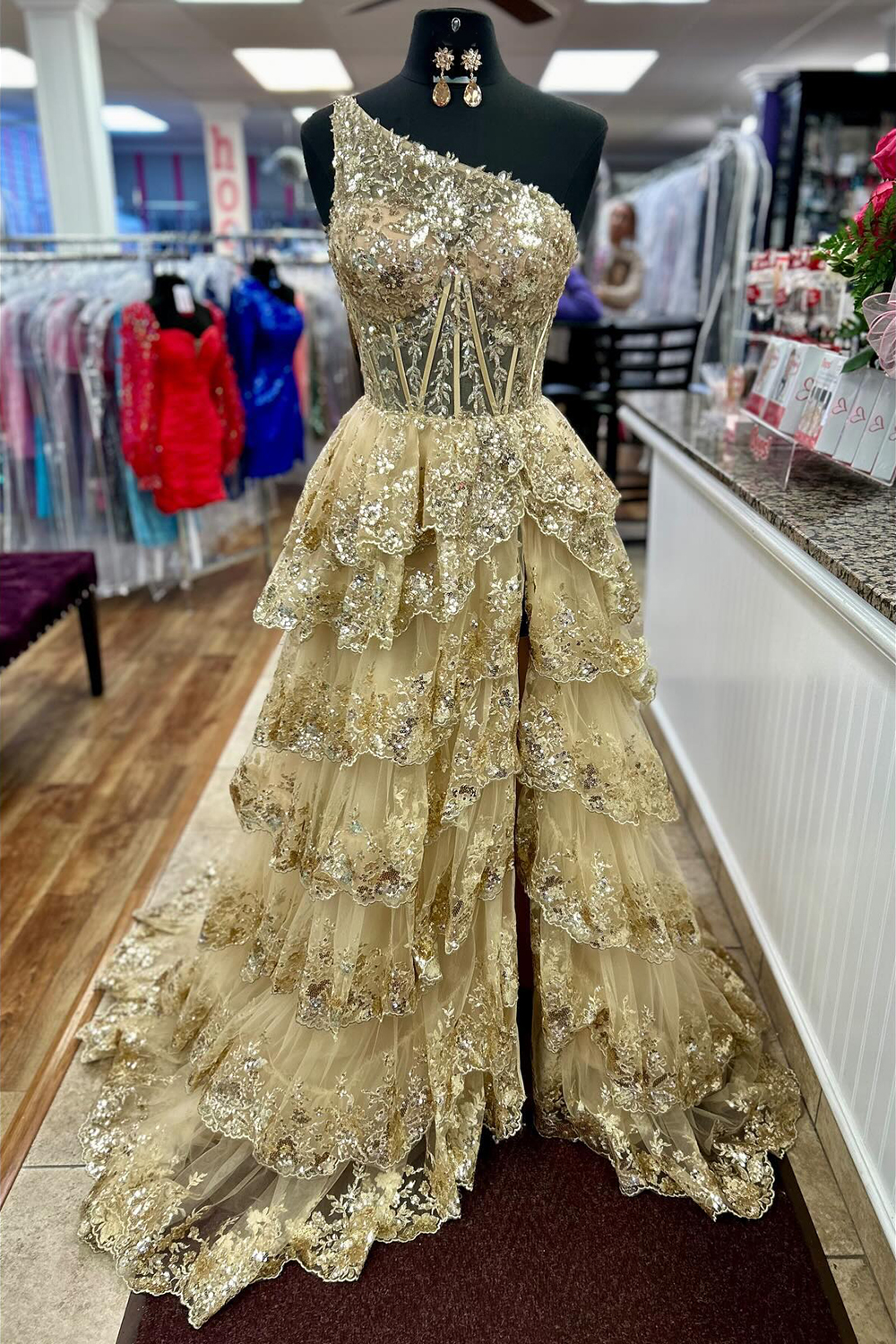 Gold Sequin One-Shoulder Long Corset Prom Dress with Sparkly Tulle Tiered A-Line and Slit
