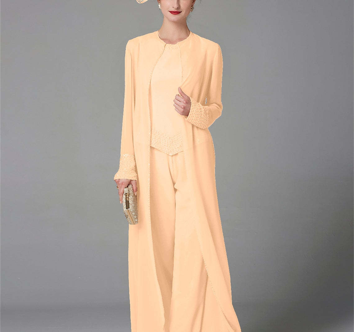 Long-Sleeve Chiffon Mother of the Bride Pantsuit with Jacket and Sequins