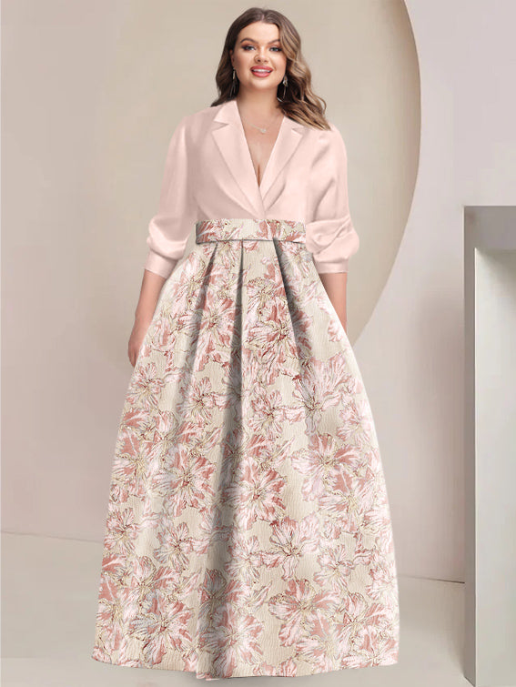 Printed Flower Plus Size A-Line/Princess Shirt Collar Mother of the Bride & Groom Dresses with 3/4 Sleeves
