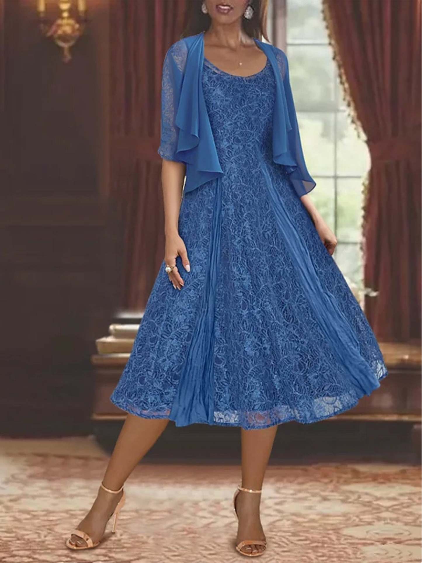 Princess A-Line Tea-Length Mother of the Bride Dress with Scoop Neck Half Sleeves Appliques and Jacket