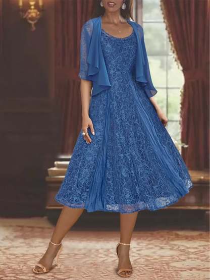 Princess A-Line Tea-Length Mother of the Bride Dress with Scoop Neck Half Sleeves Appliques and Jacket