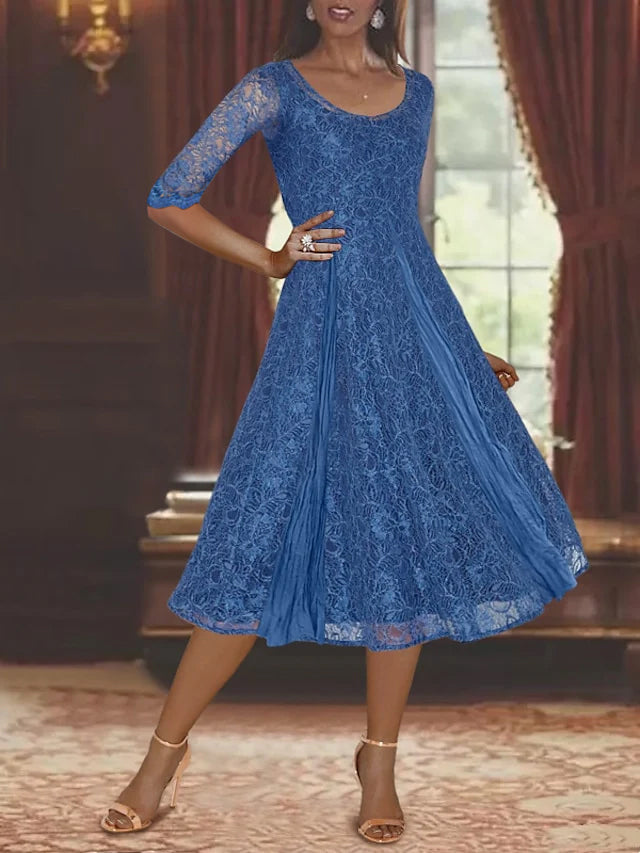 Princess A-Line Tea-Length Mother of the Bride Dress with Scoop Neck Half Sleeves Appliques and Jacket