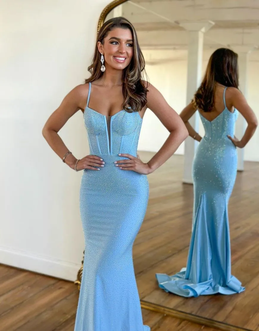 Long Fuchsia Mermaid Prom Dress with Glitter Beading and Spaghetti Straps