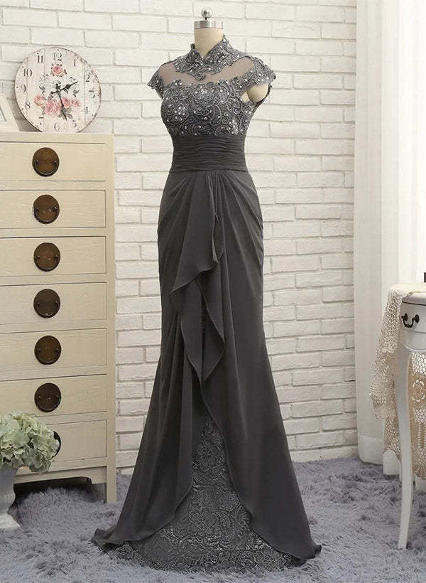 High Neck Floor-Length Sheath/Column Gowns for the Mother of the Bride