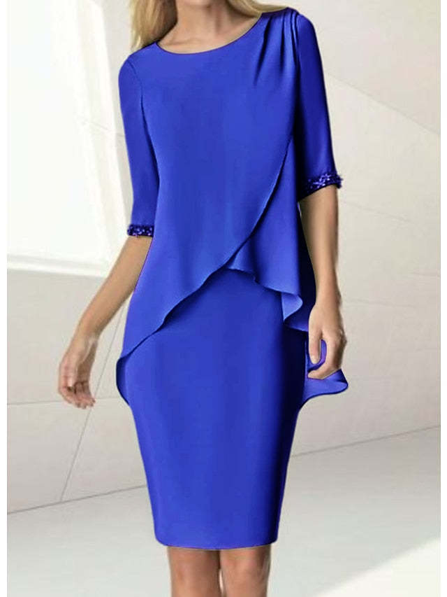 Knee-Length Beaded Sheath Dress with Ruching for the Mother of the Bride