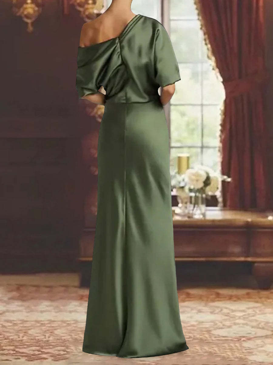 One-Shoulder Plus Size Floor-Length Sheath Mother of the Bride Dress with Ruffles