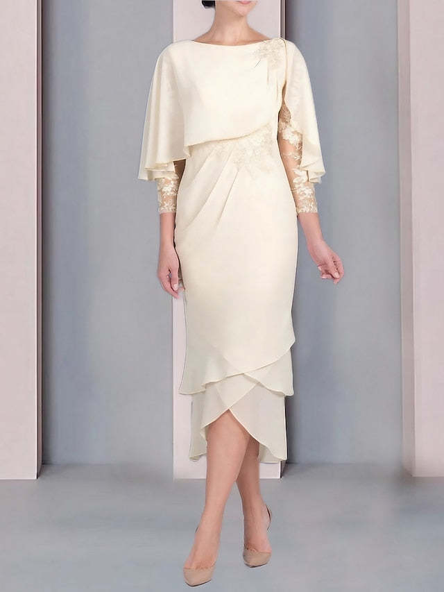 Tea-Length Mother of the Bride Dress with Scoop Neck Short Sleeves and Appliqued Lace