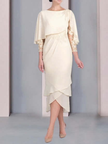 Tea-Length Mother of the Bride Dress with Scoop Neck Short Sleeves and Appliqued Lace